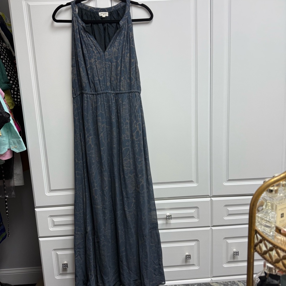 World Market Silk Charcoal Blue Gold Floral Maxi Dress